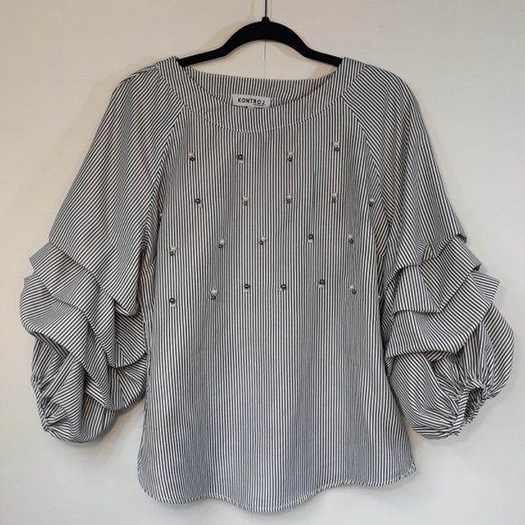 SOLD-Kontrol Blouse Women's Med GUC Puffy Sleeve Pearl Accents Stripes Top Shirt - Picture 3 of 8